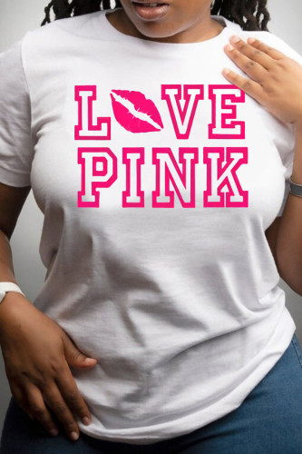 Camiseta branca rosa moda casual estampa de letra básica com gola O