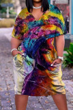 Vestidos retos casuais coloridos com estampa de rua patchwork decote em v