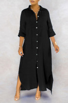 Black Casual Solid Patchwork Buckle Turndown Collar Shirt Dress Dresses