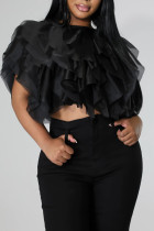 Blusas assimétricas com decote O em patchwork preto fashion doce e sólido