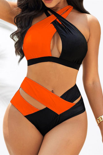 Trajes de banho preto laranja fashion sexy estampado vazado patchwork sem costas (com enchimentos)