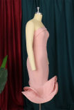 Pink Fashion Sexy Solid Patchwork Backless Strapless Evening Dress