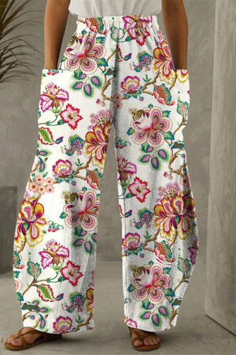 Pantaloni a vita alta regolari con tasca a snodo con stampa casual alla moda bianco rosa