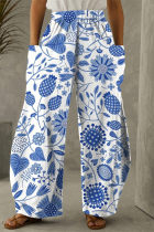 Pantalon taille haute taille haute coupe décontractée imprimé décontracté bleu blanc