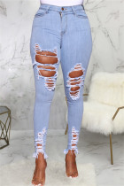 Babyblått Mode Casual Solid Ripped Split Led Hög midja Skinny Denim Jeans