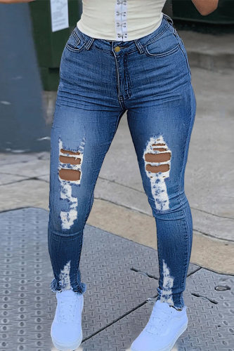 Mörkblå Mode Casual Solid Ripped High Waist Skinny Denim Jeans