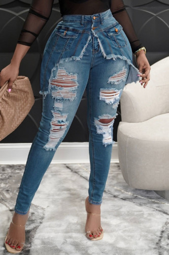 Cowboyblå Mode Casual Solid Ripped Split Joint Skinny Denim Jeans med hög midja