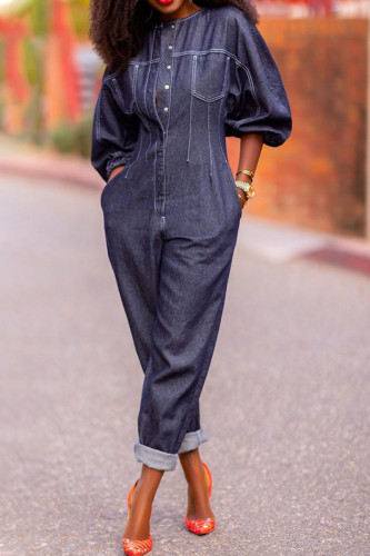 Deep Blue Casual Solid Patchwork Buckle O Neck Long Sleeve Denim Jumpsuits