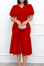 Vestidos de saia lápis casual fashion vermelho com dobra sólida e decote em V