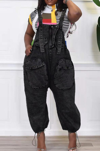Macacão jeans preto casual com bandagem sólida patchwork com alça de espaguete sem mangas
