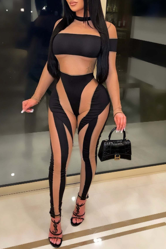 Svarta sexiga skinny jumpsuits i massiv mesh O-hals