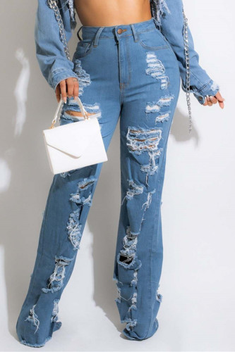 Cowboyblå Mode Casual Solid Ripped Split Joint Hög midja Regular Denim Jeans