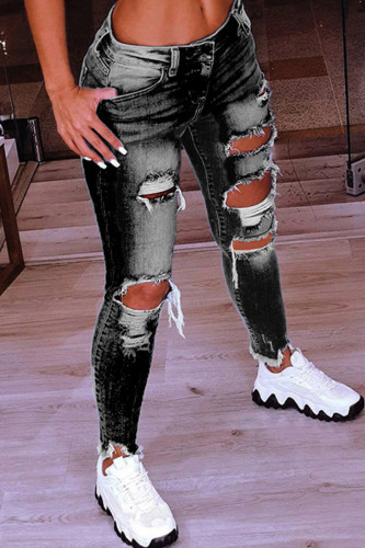Svart Mode Casual Solid Ripped Låg Midja Skinny Denim Jeans