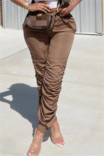 Calça marrom fashion casual com dobra sólida regular cintura alta