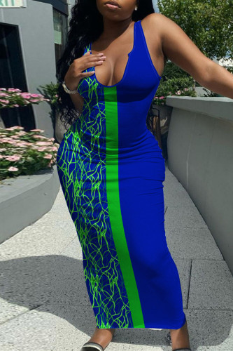 Vestido azul fashion sexy plus size com estampa básica decote em U