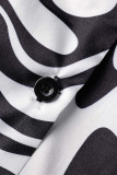 Preto e branco estampado casual patchwork fivela gola virada para baixo manga curta duas peças