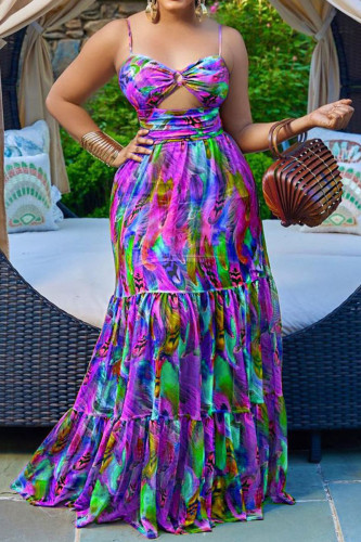 Purple Sexy African Traditional Print Hollowed Out Spaghetti Strap Sling Maxi Dress