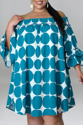 Lake Blue Casual Print Polka Dot Patchwork Off the Shoulder Plus Size Robes