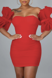 Red Sexy Solid Mesh Off the Shoulder Pencil Skirt Dresses