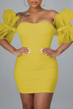 Yellow Sexy Solid Mesh Off the Shoulder Pencil Skirt Dresses