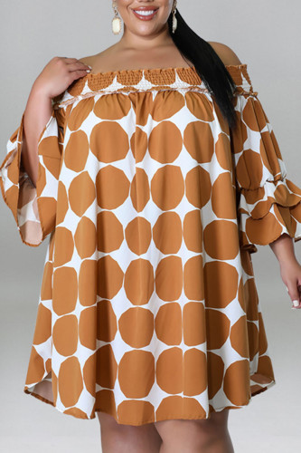 Kaki Casual Print Polka Dot Patchwork Off The Shoulder Plus Size Robes