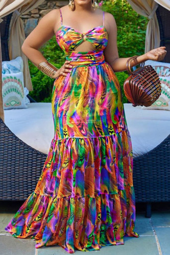 Jaune Sexy évidé Patchwork Spaghetti Strap Sling robe d'été imprimé africain