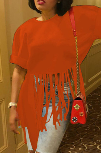 T-shirt asimmetriche con scollo a O con nappa divisa casual alla moda arancione