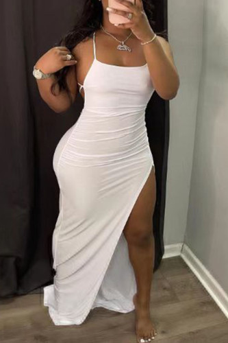 Vestido longo branco fashion sexy plus size atadura sólida sem costas com fenda e alça de espaguete