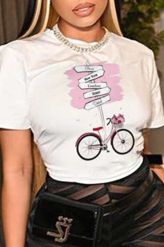 Vit mode Street Print Patchwork T-shirts med bokstaven O-hals