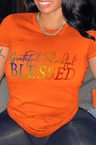 Camisetas com estampa de letra laranja moda casual básica com gola O