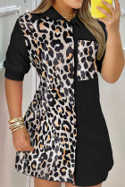 Leopard Print Casual Print Patchwork Buckle Turndown Collar Dresses