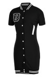 Black Casual Solid Embroidered Split Joint Buckle Straight Dresses