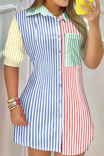 Stripe Casual Print Patchwork Buckle Turndown Collar Dresses