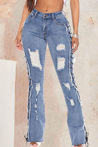 Jeans jeans azul bebê sexy sólido rasgado e vazado patchwork cintura alta