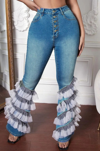 Cowboyblå Casual Street Solid Patchwork jeans med hög midja