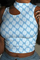 Blue Fashion Casual Letter Print Hollowed Out O Neck Tops