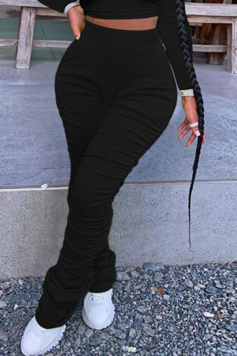 Calças pretas moda casual de cintura alta com dobra sólida regular