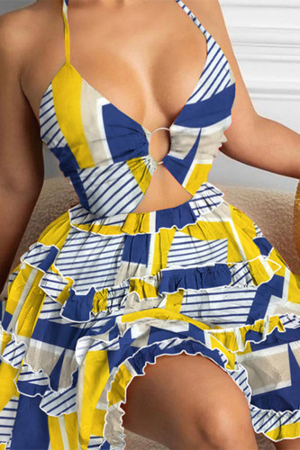 Vestido tipo alça frente única azul amarelo sexy com estampa africana vazada