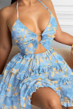 Bleu Jaune Sexy Africain Imprimer Évidé Dos Nu Halter Sling Dress