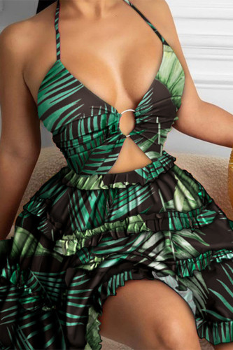 Green Fashion Sexy African Print Hollowed Out Backless Halter Sling Dress