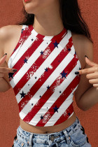 Red White Fashion Casual Print Basic O Neck Tops