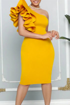 Vestido de noite amarelo moda sexy patchwork sólido sem costas com gola oblíqua