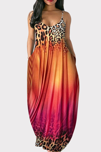 Vestido longo vermelho laranja moda casual plus size mudança gradual estampa de leopardo sem costas alça de espaguete