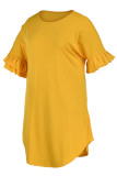 Yellow Casual Solid Patchwork Asymmetrical O Neck Straight Plus Size Dresses