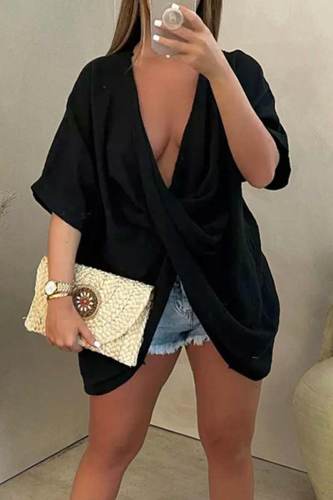 Black Casual Solid Patchwork Asymmetrical V Neck T-Shirts