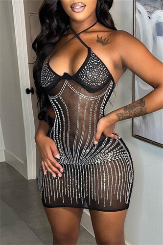 Noir Sexy Patchwork Hot Drilling See-through Backless Halter Sling Dress Pour Vegas Clubs