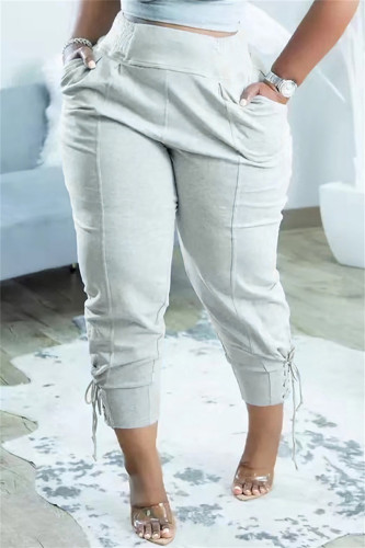 Calças cinza moda casual sólida básica regular cintura alta