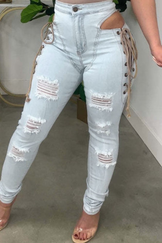 Ljusblått Mode Casual Solid Ripped Bandage urholkat Skinny Denim Jeans med hög midja