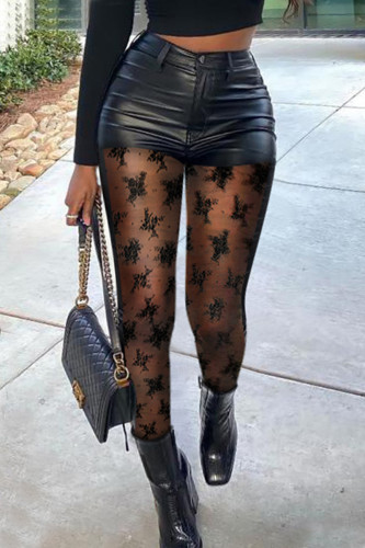 Calças pretas moda casual patchwork sólido transparente skinny cintura alta lápis