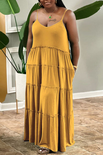 Vestido amarelo casual patchwork sólido pérola com alça de espaguete vestidos plus size